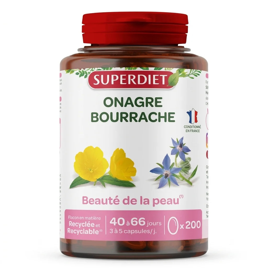 Superdiet Onagre Bourrache 200 capsules pour la beauté de la peau en flacon verre ambré