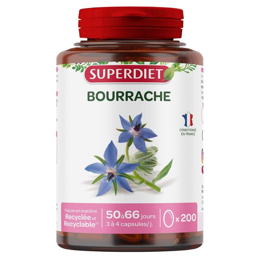 Un pot d'huiles onagre et bourrache beauté de la peau de 200 capsules de la marque Superdiet