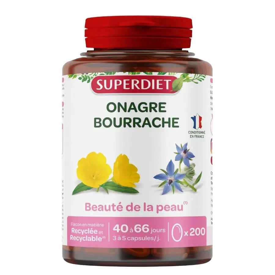 Une boite de 200 capsules d'Huiles onagre & bourrache (beauté de la peau) Superdiet