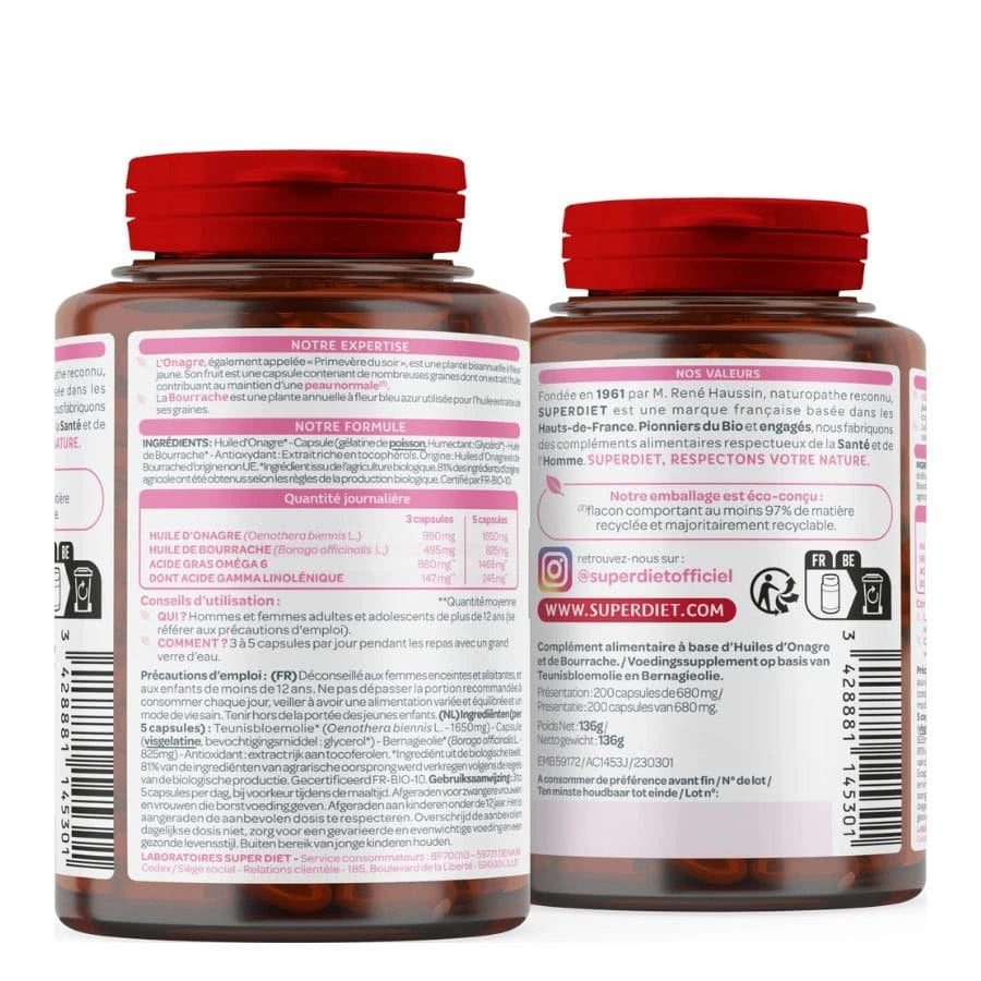 Le bos d'une boite de 200 capsules d'Huiles onagre & bourrache (beauté de la peau) Superdiet
