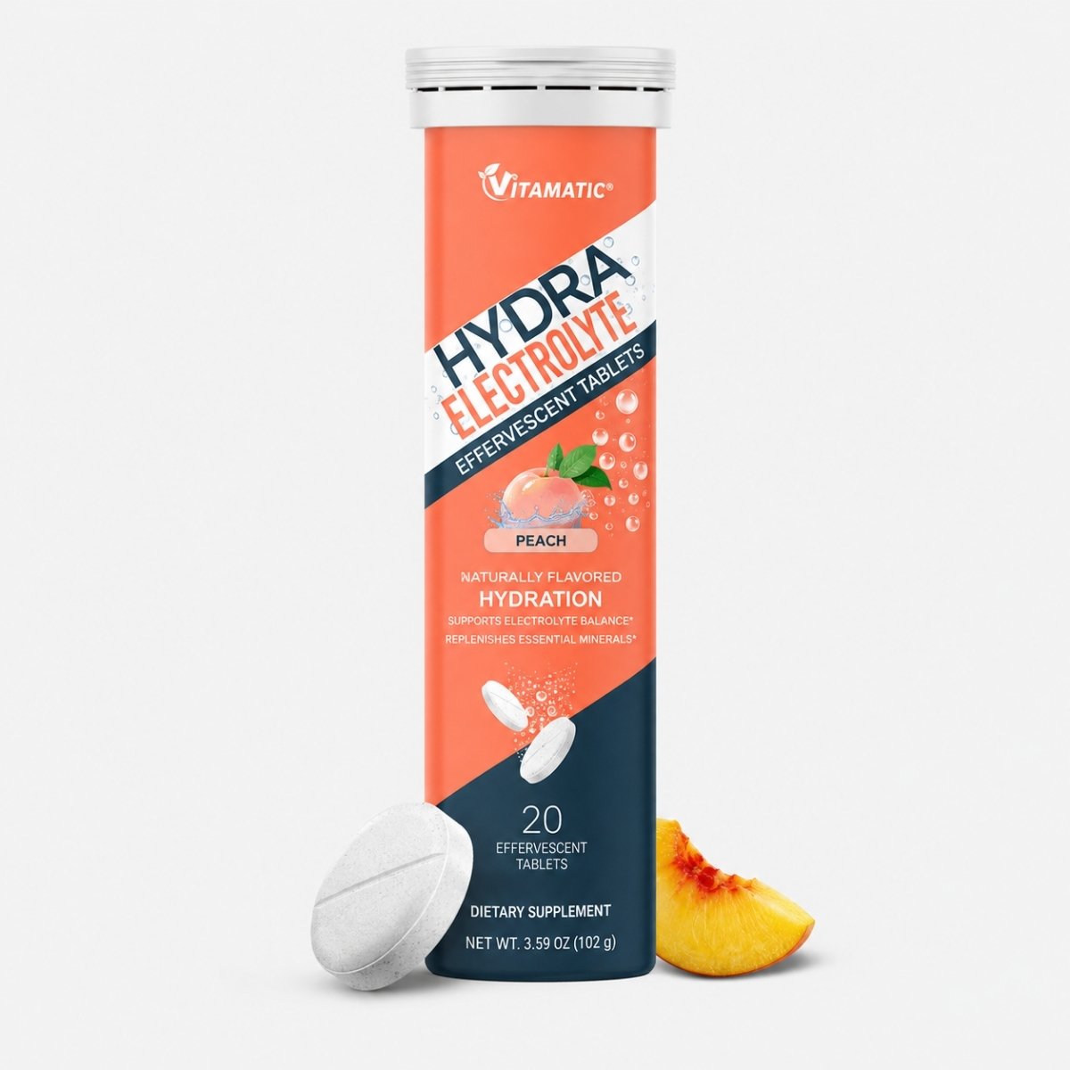 Une boîte de 20 comprimés d'hydrafresh pêche sur fond blanc.