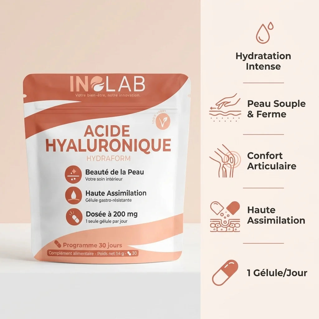 Hydraform Acide Hyaluronique 30 gélules avec bénéfices hydratation peau et articulations Inolab