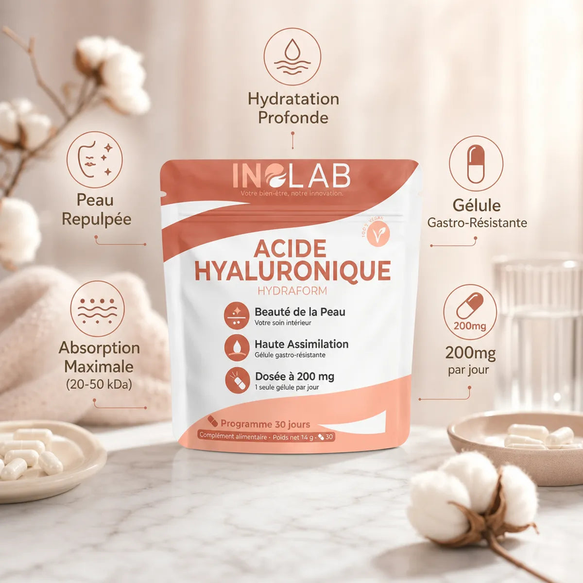 Hydraform Acide Hyaluronique 30 gélules Inolab avec bénéfices peau repulpée et hydratation profonde