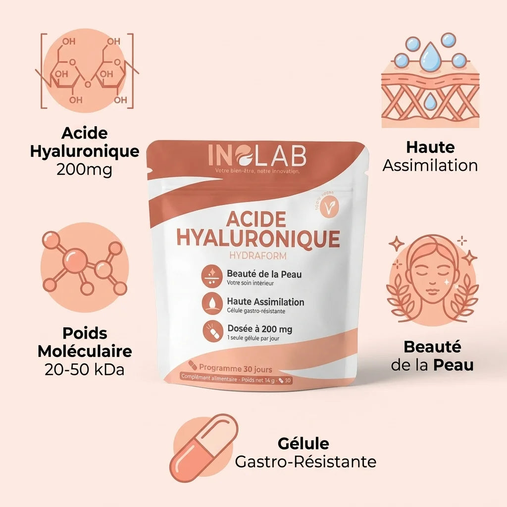 Hydraform Acide Hyaluronique 30 gélules 20-50 kDa Inolab avec infographie ingrédients