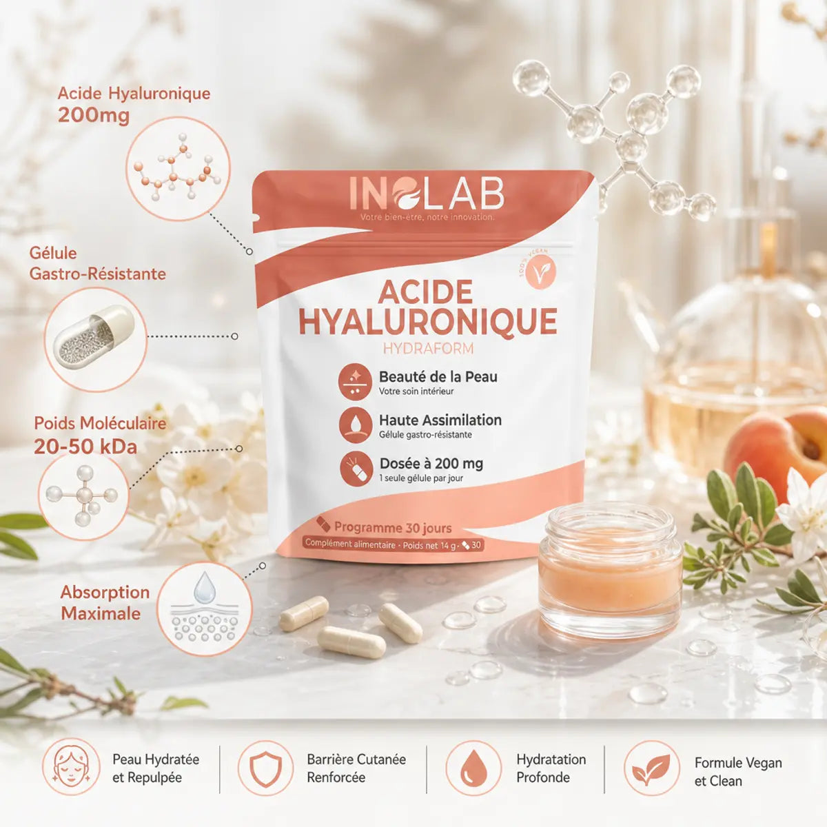 Hydraform Acide Hyaluronique 30 gélules Inolab avec structure moléculaire et infographie nutritionnelle
