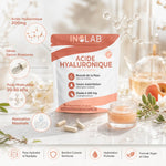 Hydraform Acide Hyaluronique 30 gélules Inolab avec structure moléculaire et infographie nutritionnelle