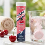 Hydrafresh Cerise 20 comprimés effervescents avec cerises fraîches et verre d'eau pétillante