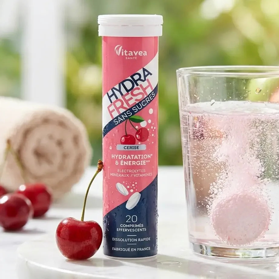 Hydrafresh Cerise 20 comprimés effervescents avec cerises fraîches et verre d'eau pétillante