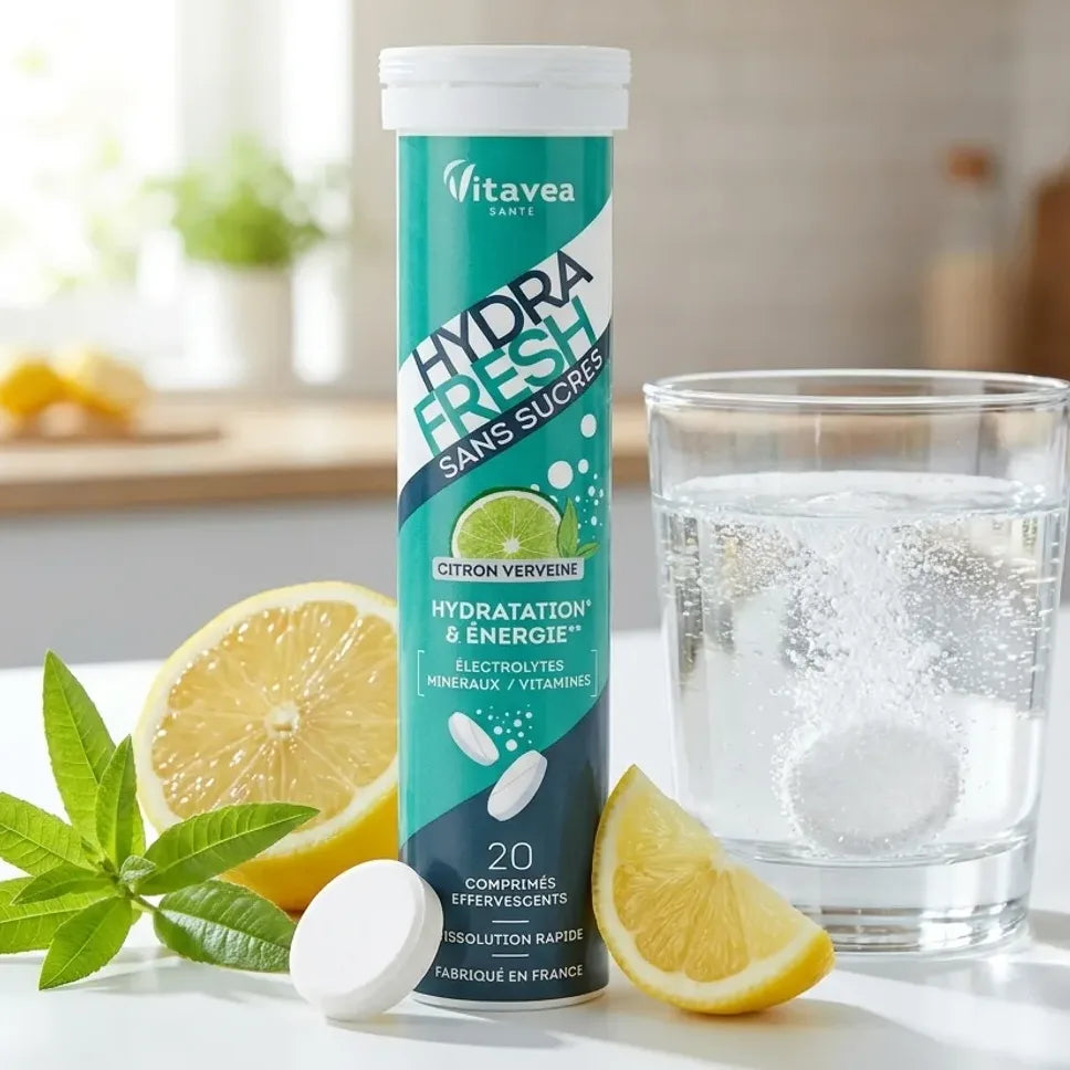Hydrafresh Citron Verveine 20 comprimés effervescents avec citron frais et verre d'eau