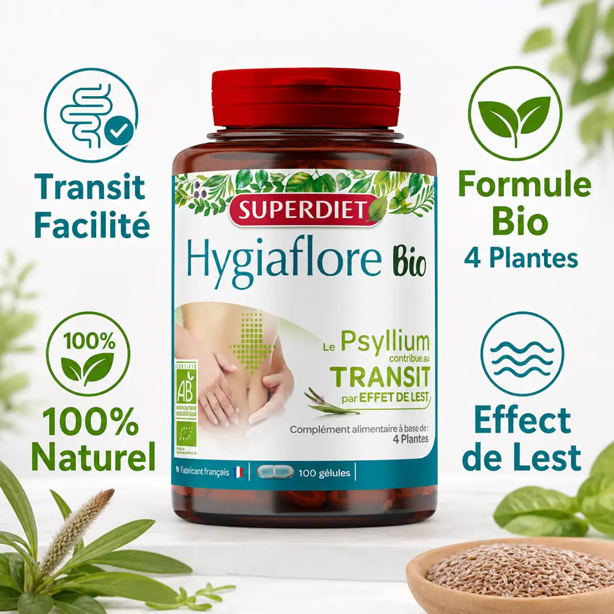 Hygiaflore Psyllium Bio 100 gélules Superdiet - Transit facilité formule bio naturelle