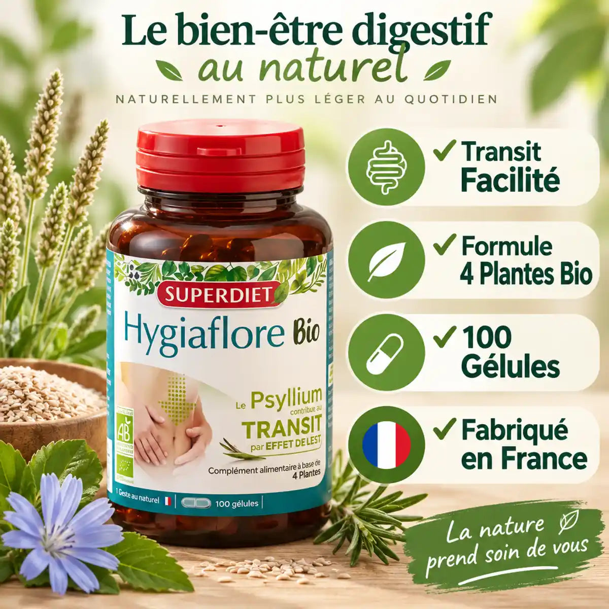Hygiaflore Psyllium Bio 100 gélules Superdiet transit facilité formule 4 plantes bio fabriqué France