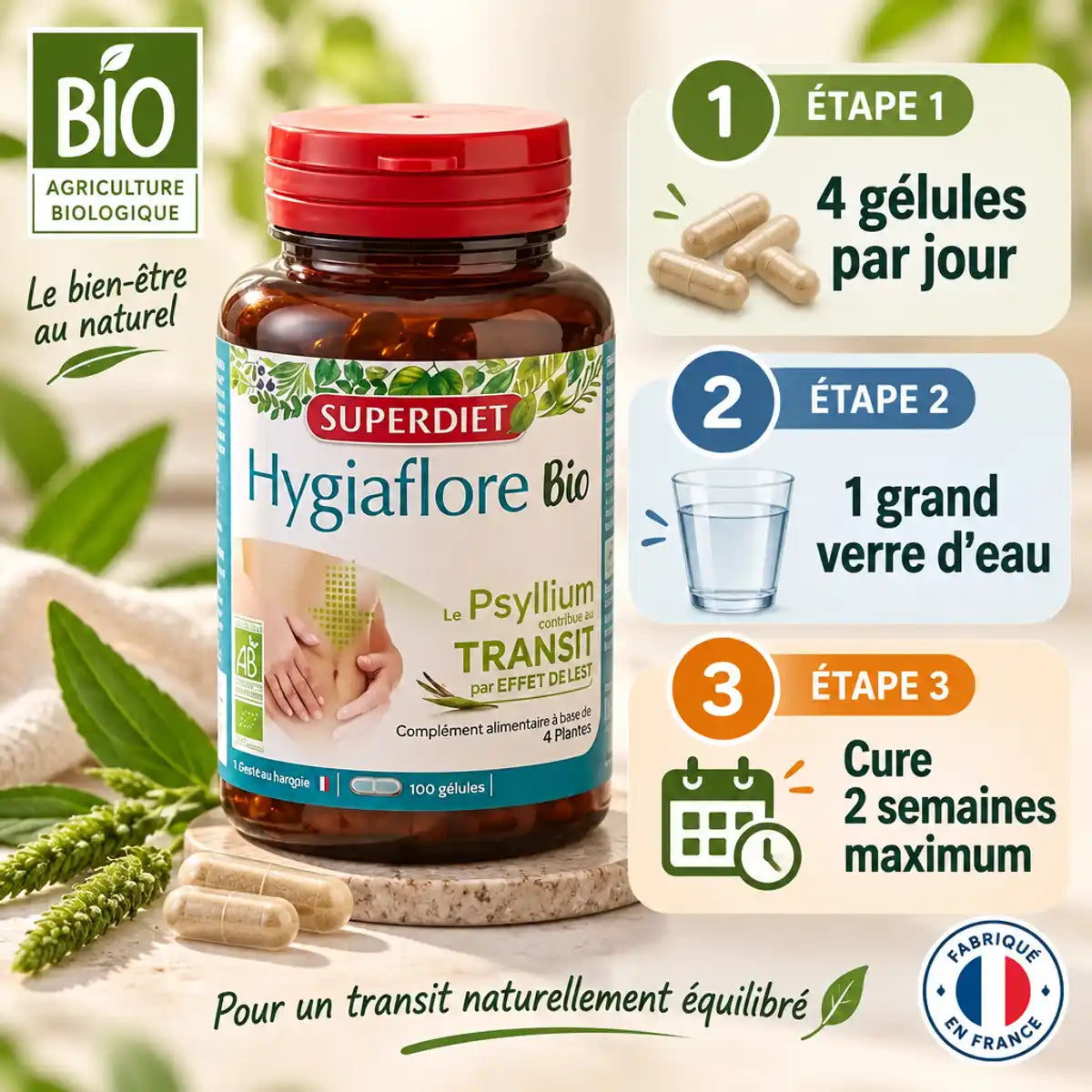 Hygiaflore Psyllium Bio Superdiet 100 gélules avec posologie et certifications bio France