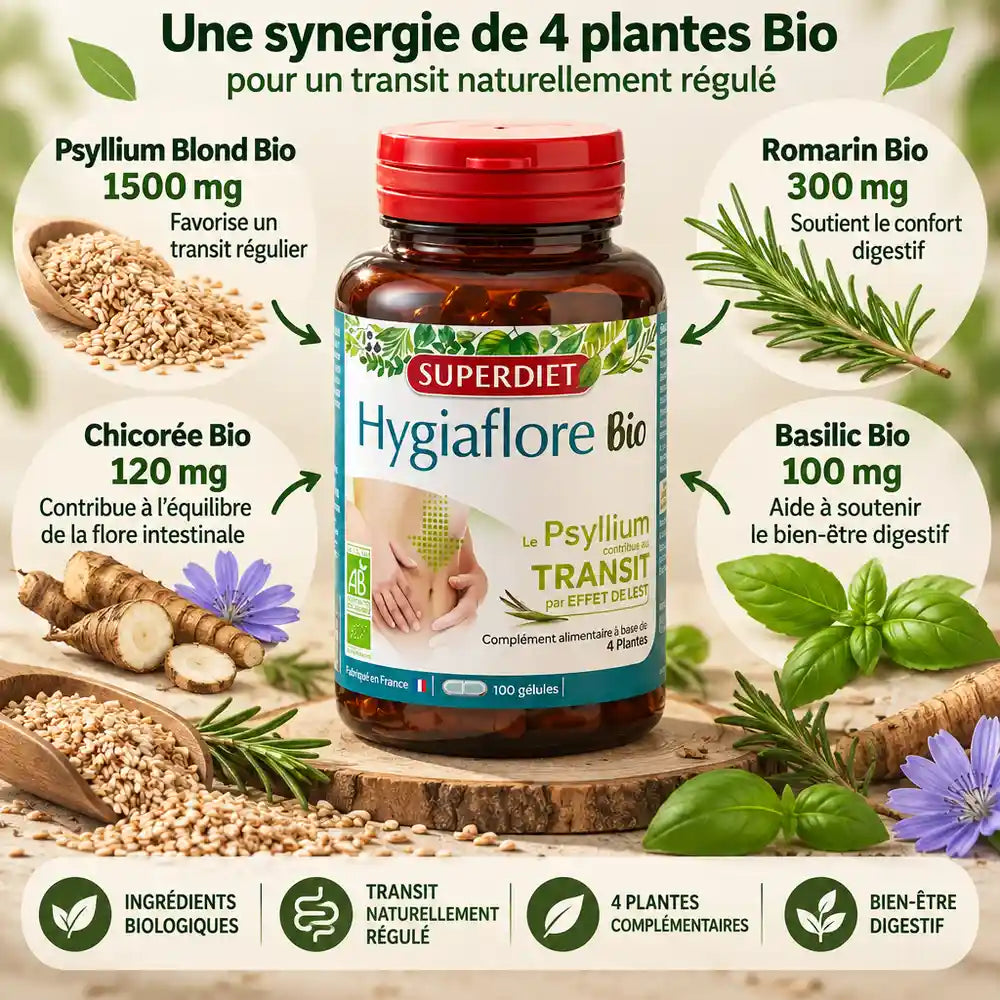 Hygiaflore Psyllium Bio 100 gélules Superdiet avec ingrédients biologiques: psyllium, romarin, chicorée, basilic