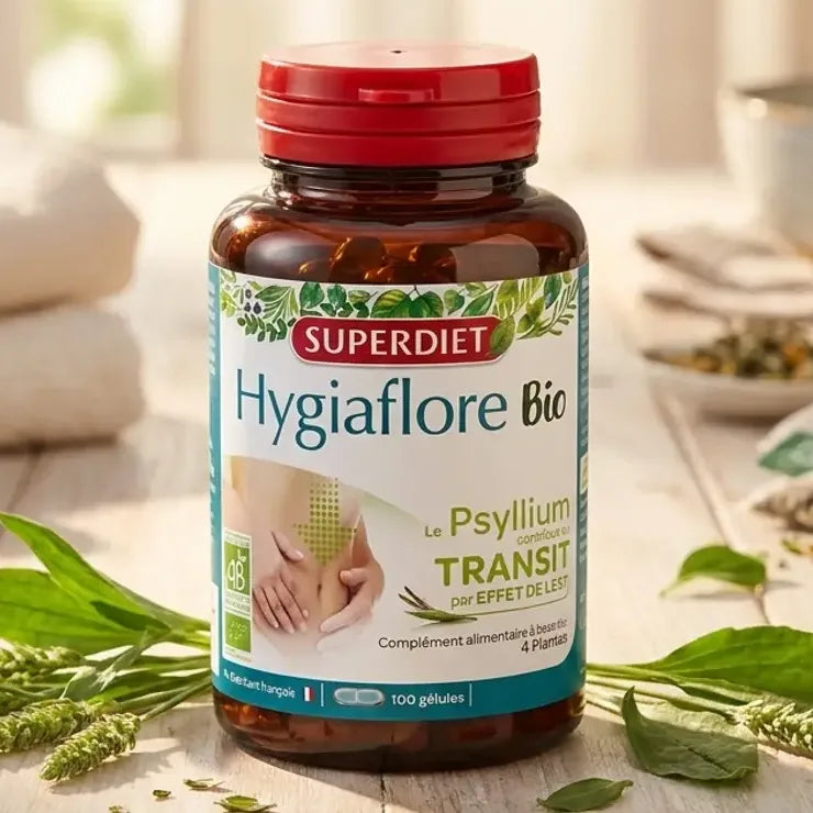 Hygiaflore Psyllium Bio 100 gélules Superdiet avec feuilles vertes et bois naturel