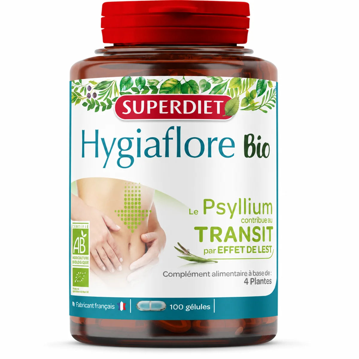 Hygiaflore Psyllium Bio 100 gélules Superdiet - flacon complément alimentaire bio