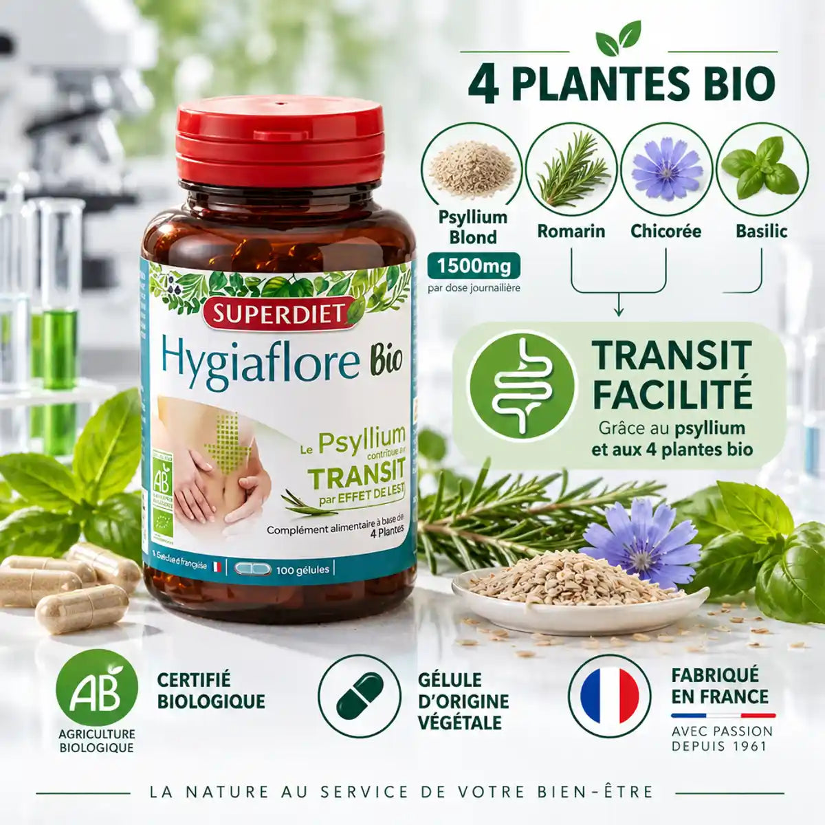 Hygiaflore Psyllium Bio 100 gélules Superdiet - 4 plantes bio pour transit facilité fabriqué en France