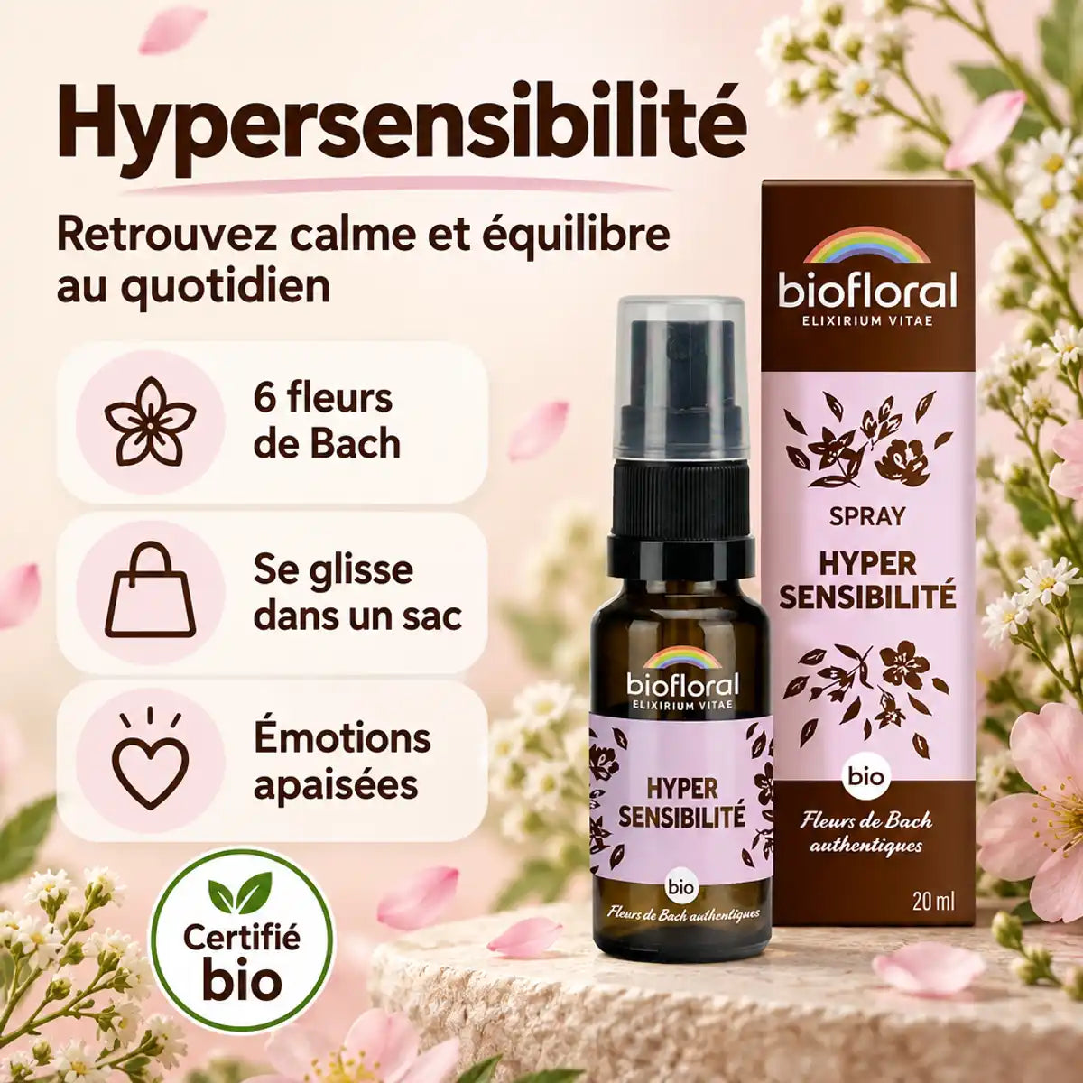 Spray Hypersensibilité Biofloral bio aux 6 fleurs de Bach, flacon 20 ml avec boîte, fond crème et rose, mention certifié bio
