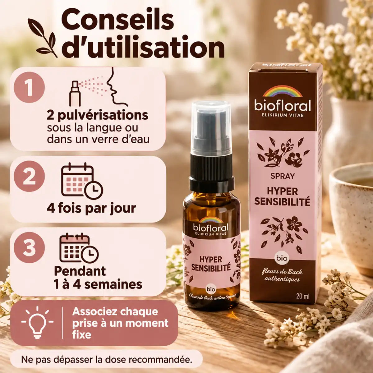 Spray Biofloral Hypersensibilité fleurs de Bach bio 20 ml, boîte rose et marron, posologie illustrée sur table en bois
