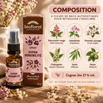 Flacon et boîte Biofloral Hypersensibilité, spray fleurs de Bach bio 20 ml, avec infographie de composition : marronnier rouge, impatiente, pommier sauvage