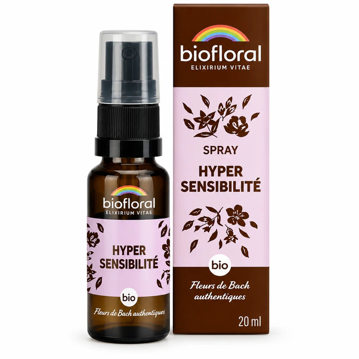 Spray Biofloral Hypersensibilité Bio 20 ml aux fleurs de Bach, flacon ambré et boîte couleur chocolat sur fond blanc