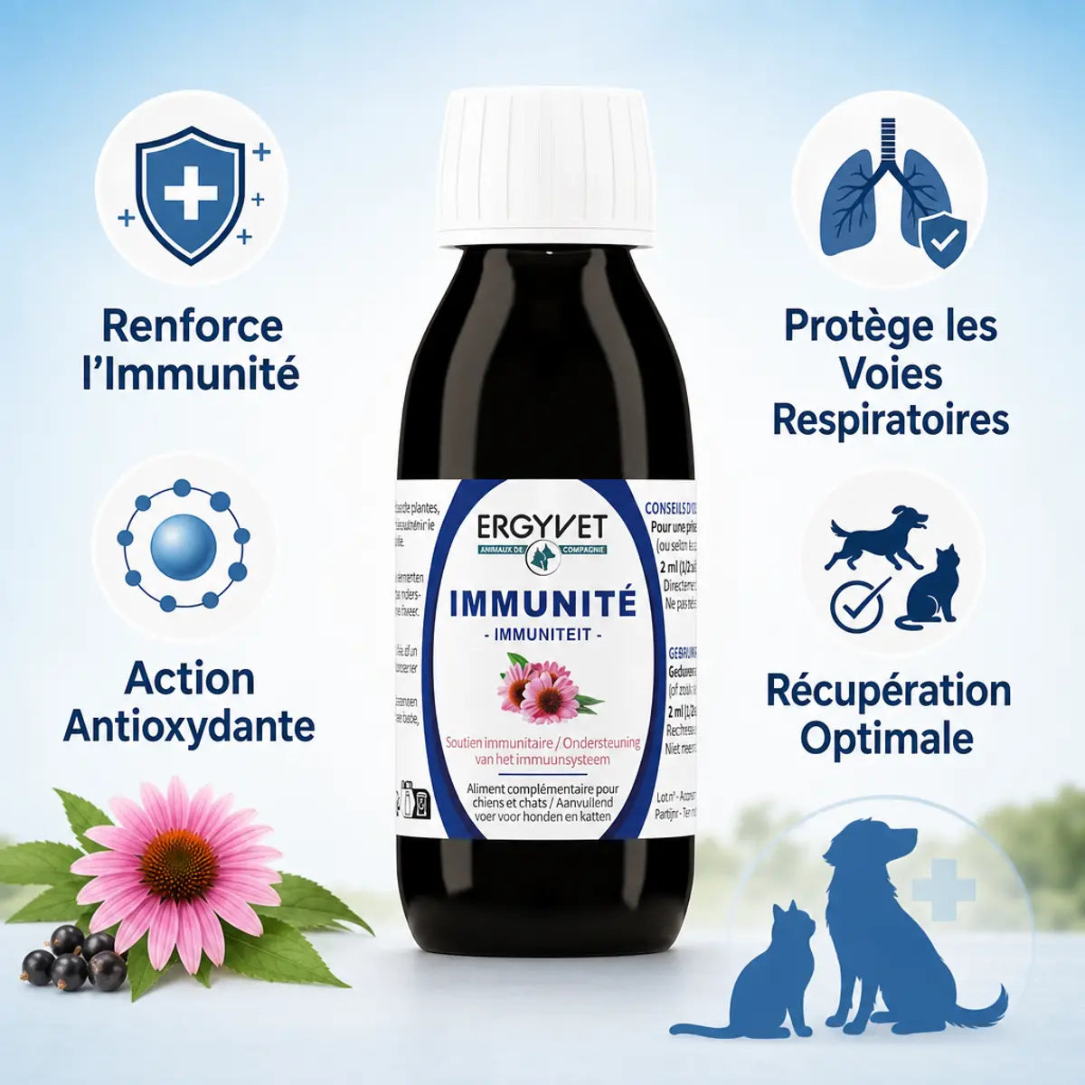 Ergyvet Immunité 100ml pour chien et chat avec bénéfices : renforce immunité, protège voies respiratoires