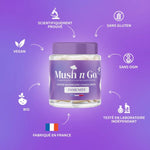 Une boîte de Immunité de la marque Mush n go avec détaillant les avantages du produit