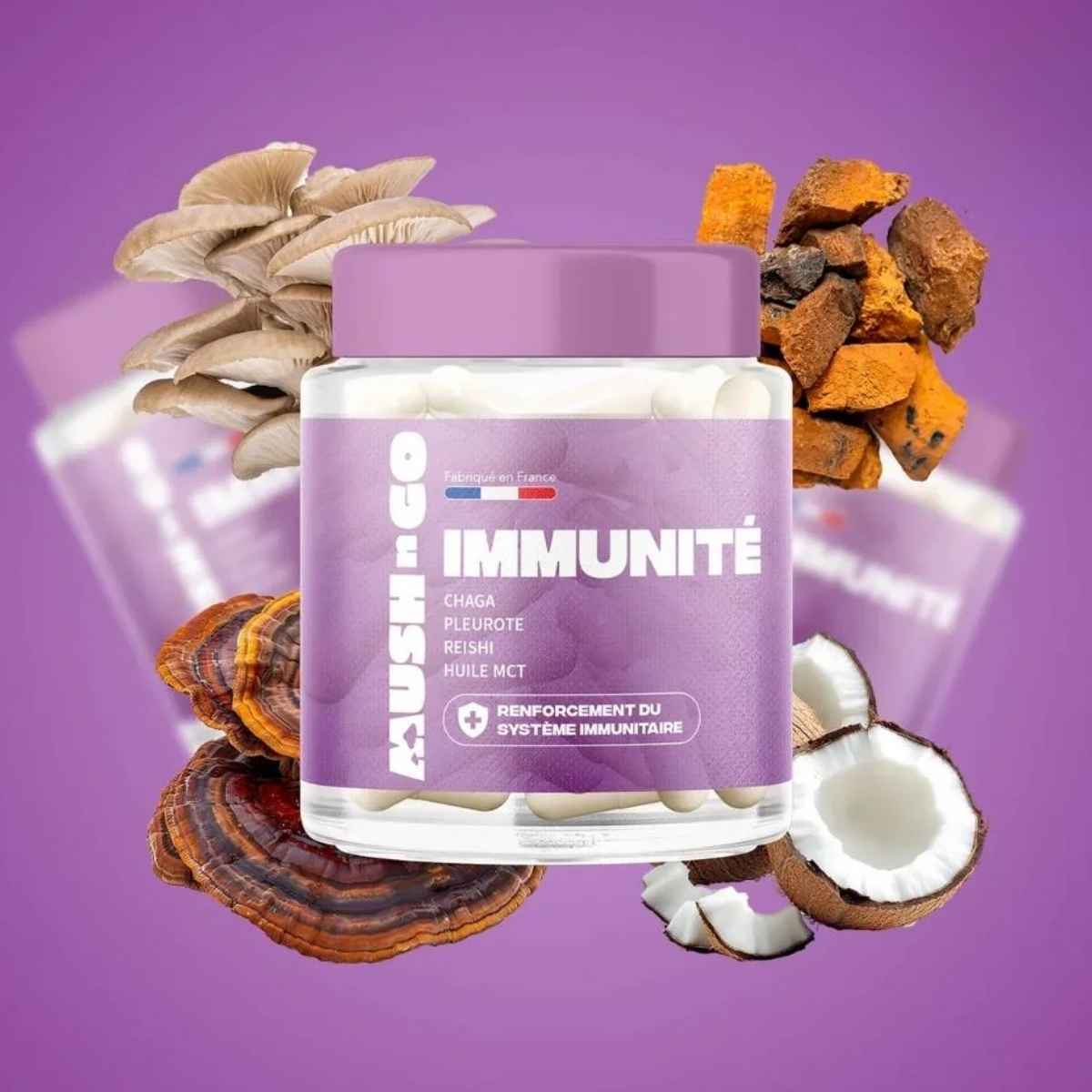 Mush n Go Immunité complément alimentaire gélules Oyster Chaga Reishi sur fond violet