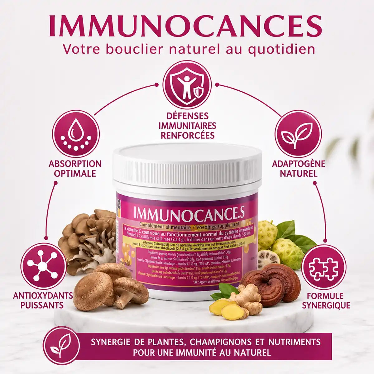 Immunocance Jade Recherche 60g avec champignons médicinaux et bénéfices pour défenses immunitaires