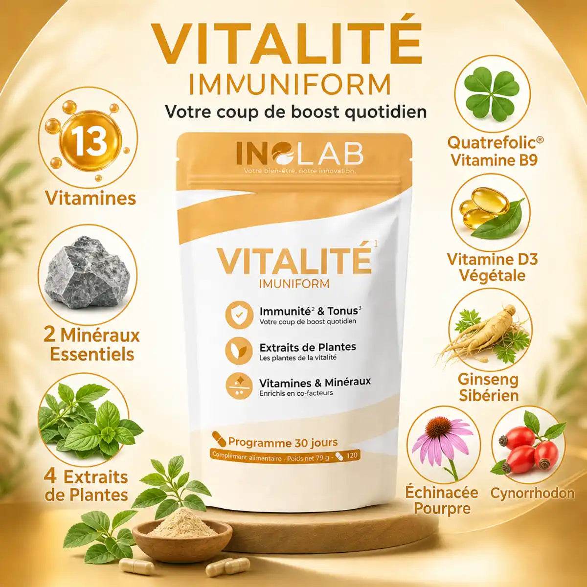 Imuniform complément alimentaire 120 gélules avec vitamines minéraux plantes Inolab