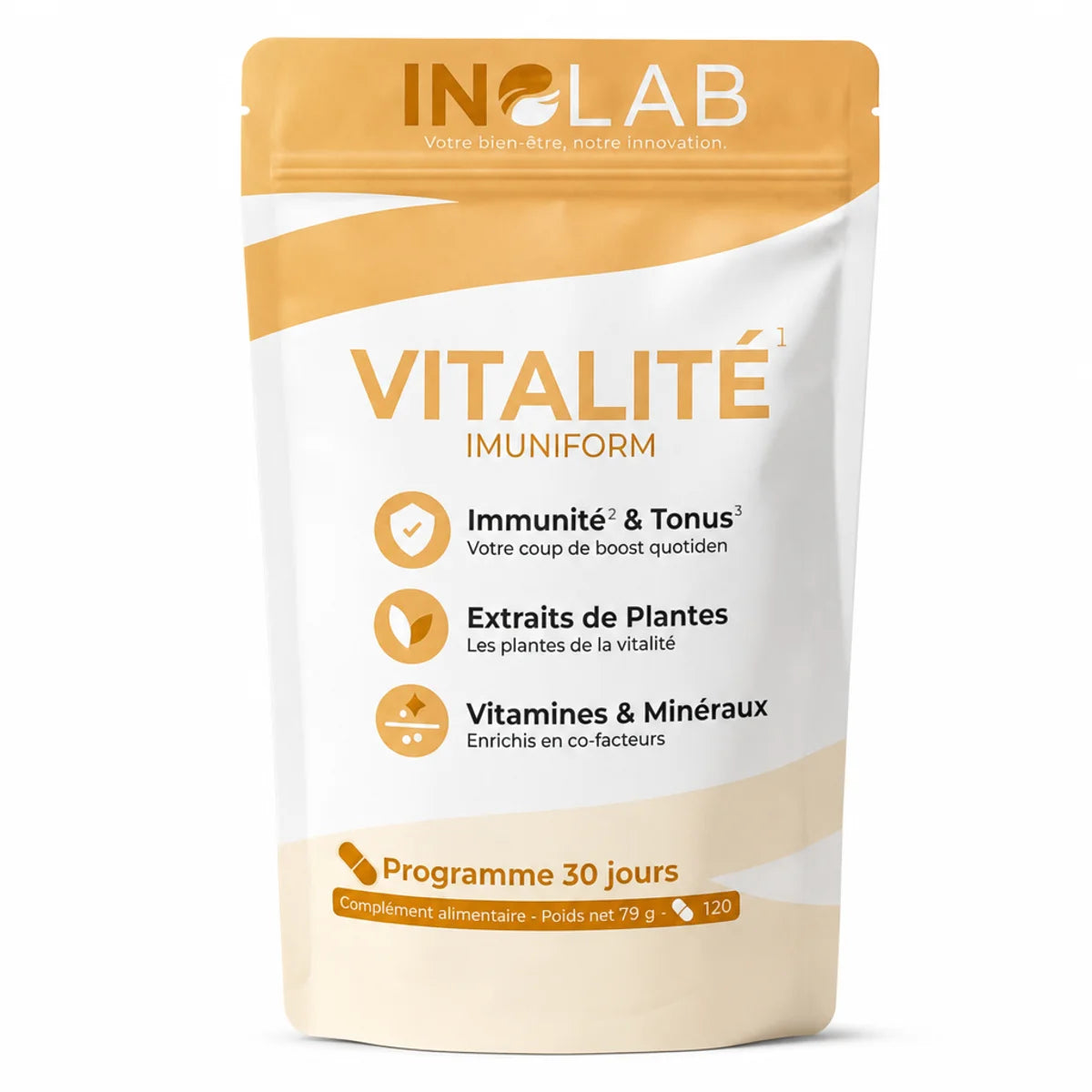 Imuniform multivitamines minéraux plantes 120 gélules Inolab packaging beige or