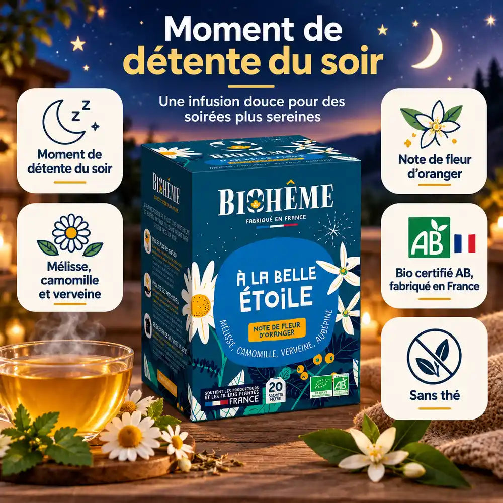 Infusion bio Biohême "À la belle étoile" en infusettes : boîte bleu nuit sur fond étoilé, tisane mélisse, camomille et fleur d'oranger