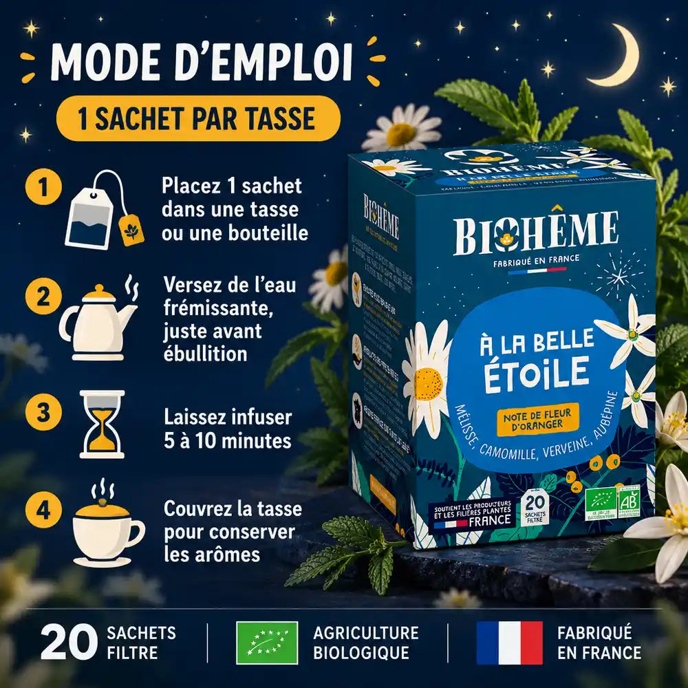Infusion bio « À la belle étoile » Biohême : boîte de 20 infusettes, mode d'emploi en 4 étapes sur fond bleu nuit étoilé, fleurs de camomille et verveine
