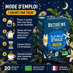 Infusion bio « À la belle étoile » Biohême : boîte de 20 infusettes, mode d'emploi en 4 étapes sur fond bleu nuit étoilé, fleurs de camomille et verveine