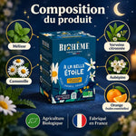 Infusion bio Biohême « À la belle étoile » : boîte et composition mélisse, camomille, verveine, aubépine, orange