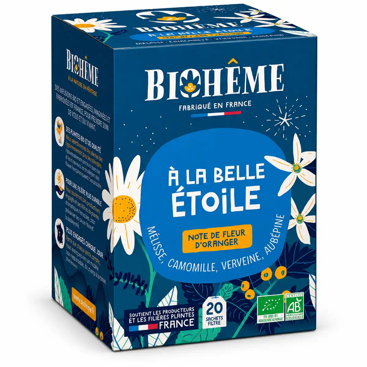 Boîte de tisane bio Biohême "À la belle étoile" à la fleur d'oranger, 20 infusettes, fond blanc