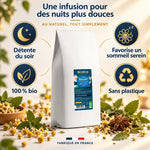 Infusion bio à la belle étoile Biohême en vrac 300 g, sachet blanc sur fond doux avec camomille, verveine et mélisse, icônes détente du soir