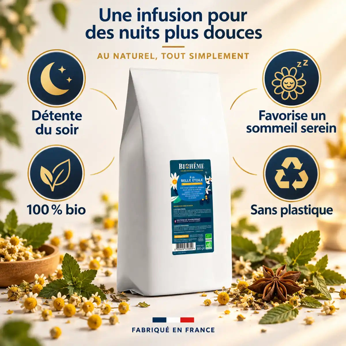 Infusion bio à la belle étoile Biohême en vrac 300 g, sachet blanc sur fond doux avec camomille, verveine et mélisse, icônes détente du soir