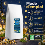Infusion bio à la belle étoile Biohême 300g : sachet blanc, mode d'emploi en 4 étapes sur fond bleu nuit étoilé