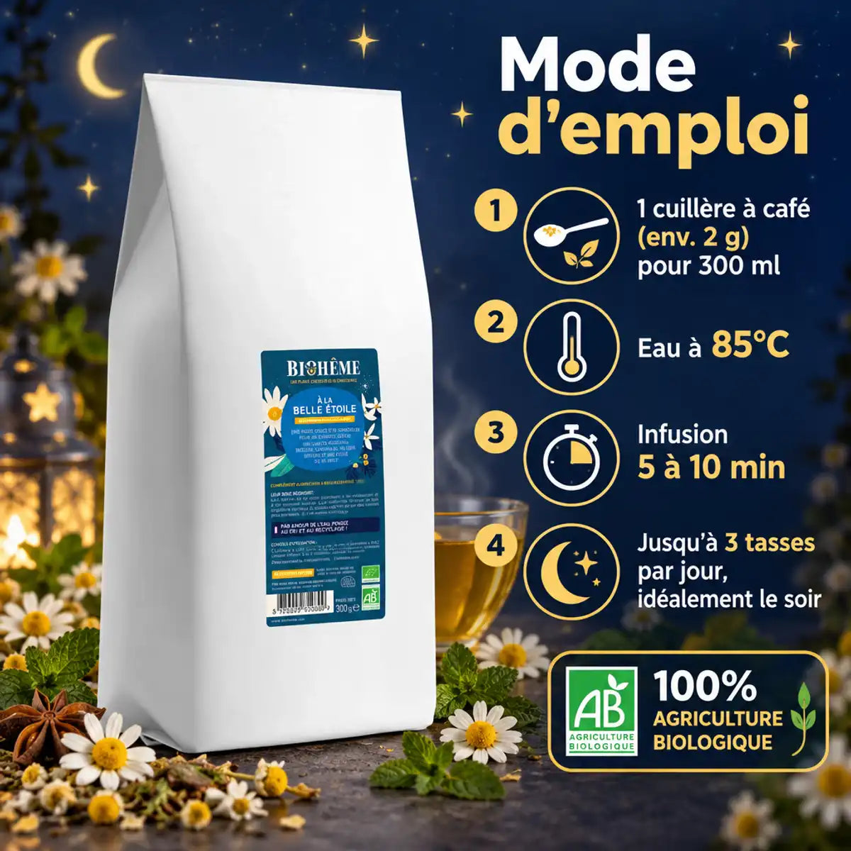 Infusion bio à la belle étoile Biohême 300g : sachet blanc, mode d'emploi en 4 étapes sur fond bleu nuit étoilé