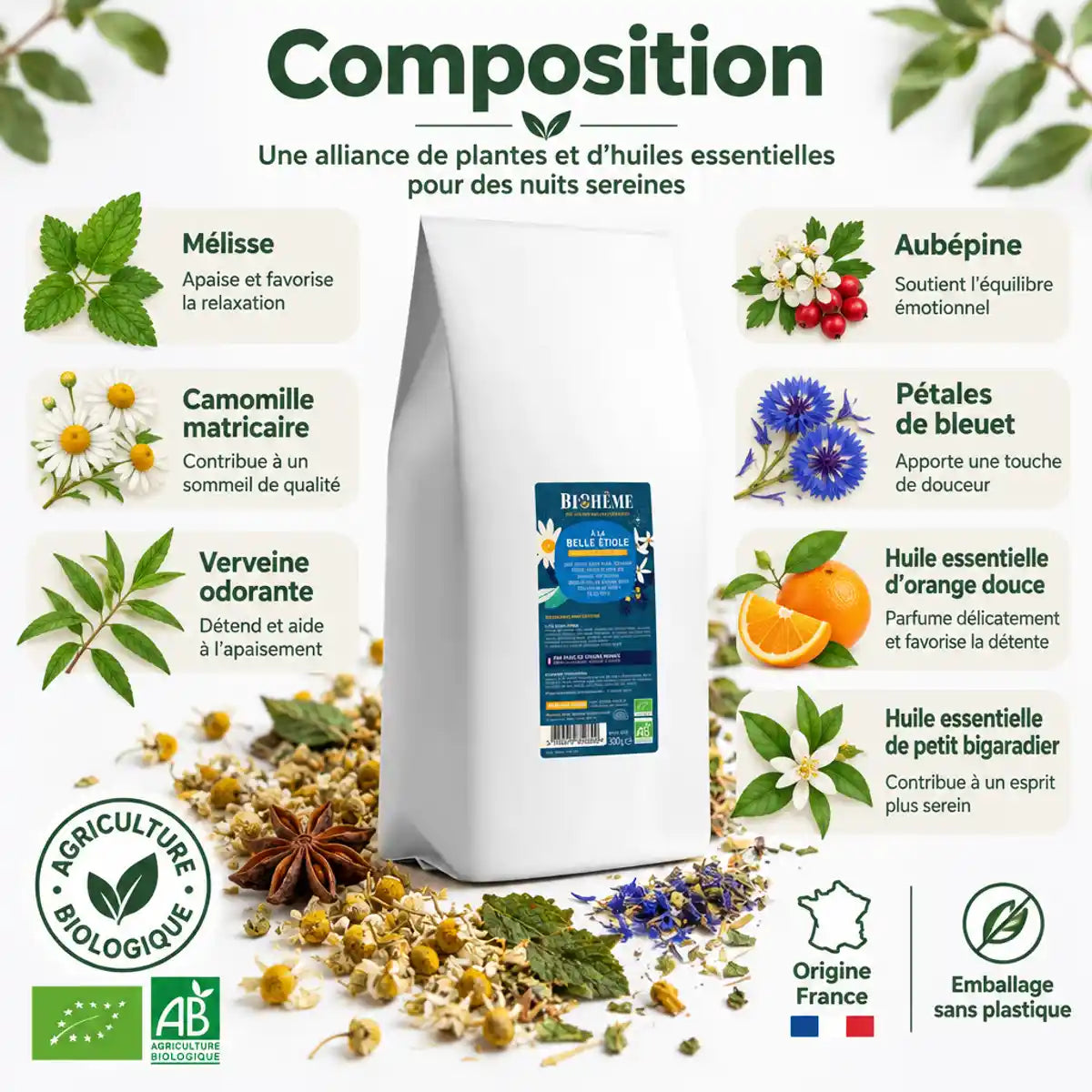 Infusion bio À la Belle Étoile 300g Biohême : sachet vrac avec composition de plantes, fleurs et huiles essentielles d'orange