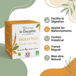 Infusion Digest'Plus Tisanes Le Dauphin avec boîte orange, infusettes et 5 bénéfices digestifs illustrés
