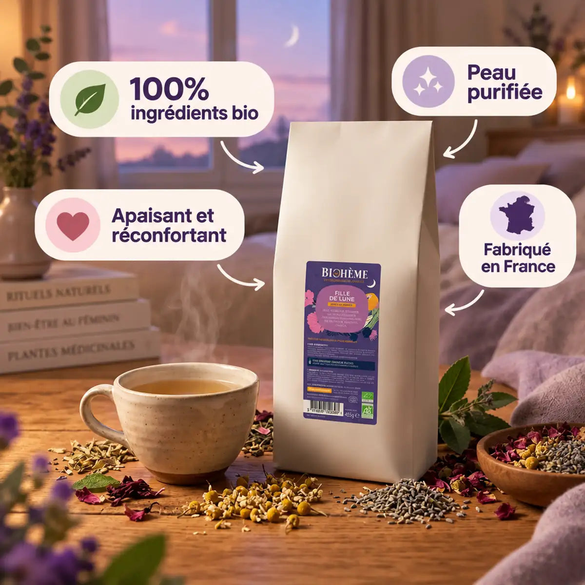 Infusion bio Fille de Lune Biohême en vrac 450g, sachet blanc, tasse de tisane fumante et plantes séchées sur fond lavande