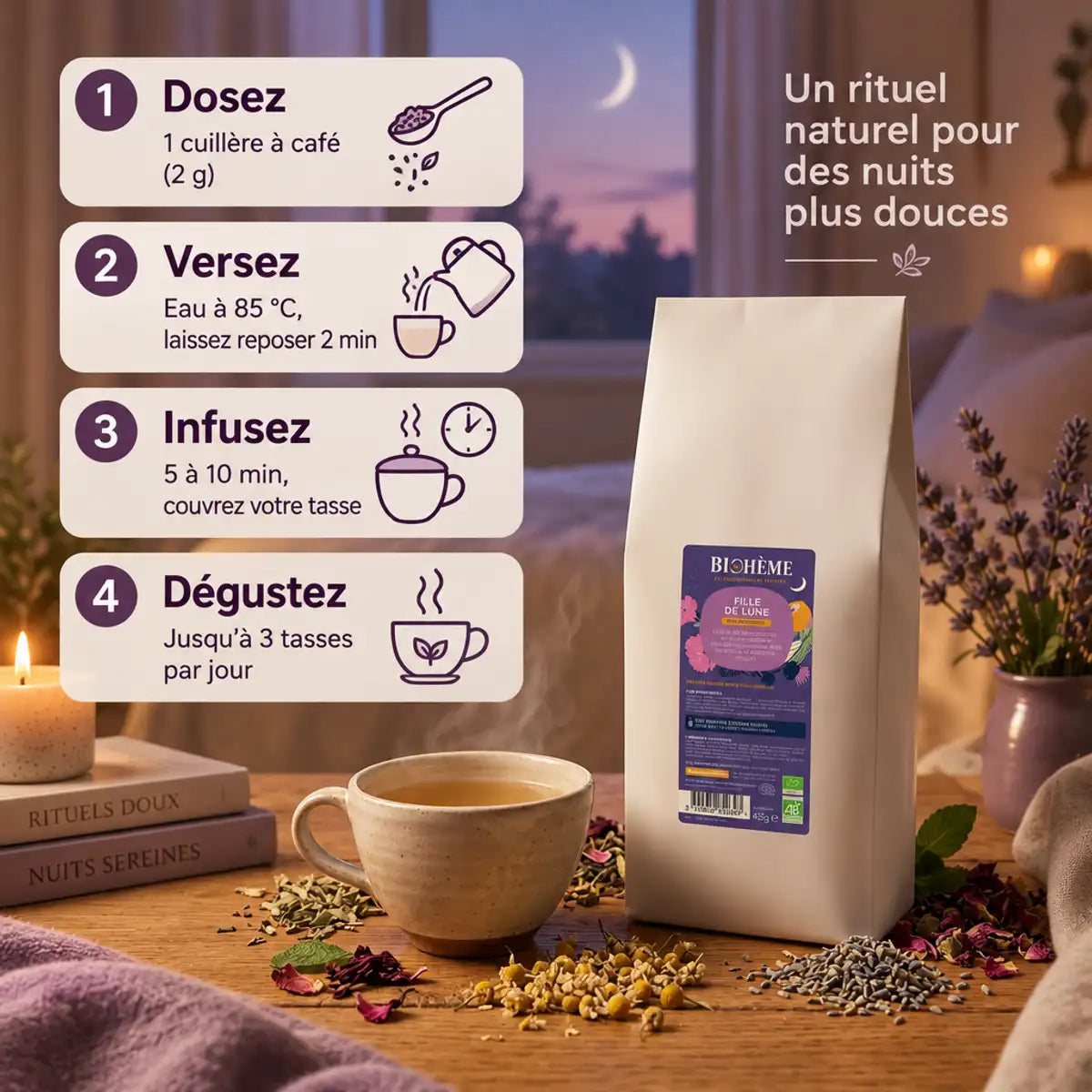 Infusion bio Fille de Lune Biohème en vrac 450 g, sachet blanc posé sur une table en bois avec tasse fumante et plantes séchées