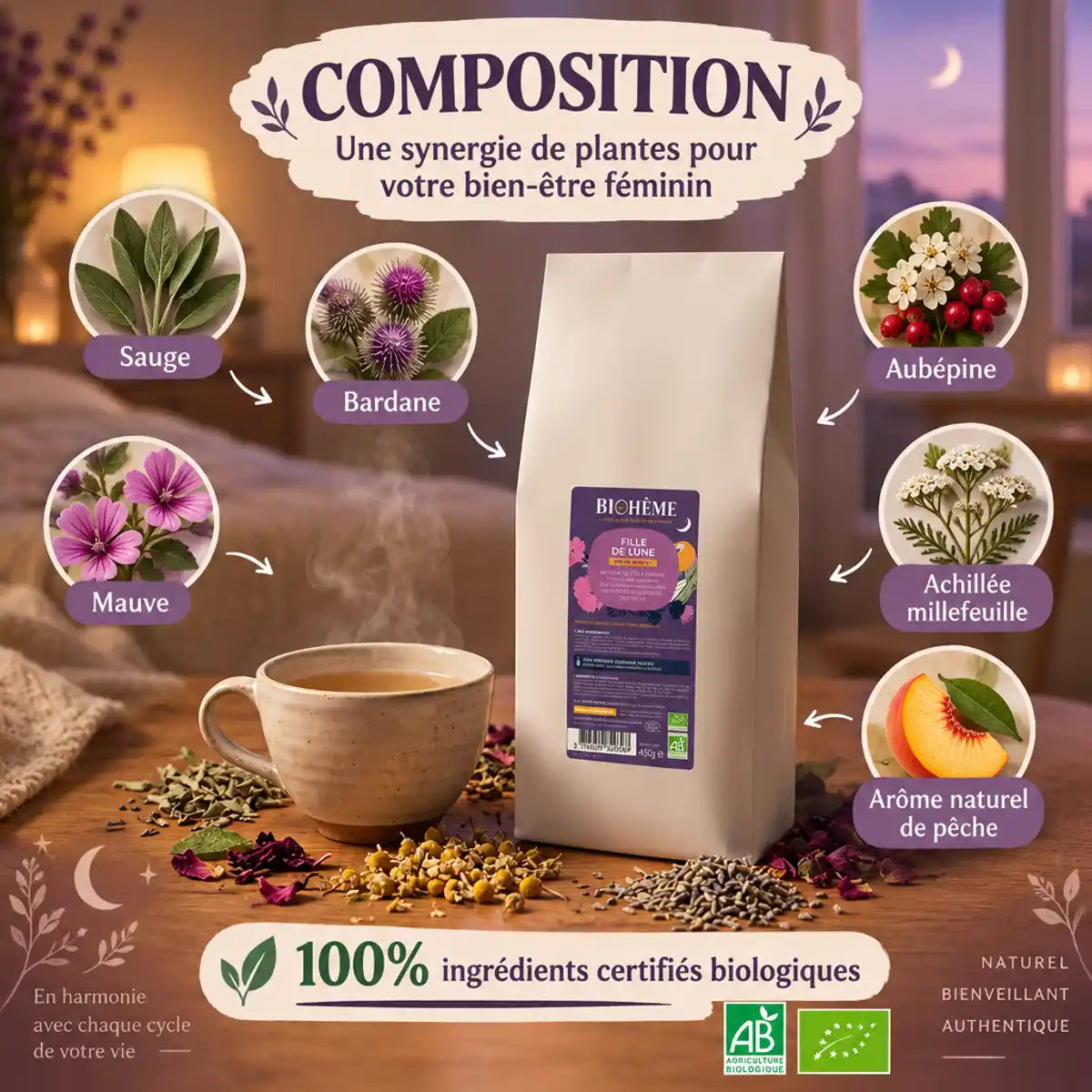 Infusion bio Fille de Lune Biohême en vrac 450g, sachet blanc et étiquette violette, sur fond de tasse fumante avec sauge, bardane, mauve et aubépine

Hmm, that exceeds limits? Let me count: roughly 150 characters. Need to shorten.

Infusion bio Fille de Lune Biohême 450g vrac : sachet blanc, tasse fumante, sauge, bardane, mauve et aubépine