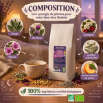 Infusion bio Fille de Lune Biohême en vrac 450g, sachet blanc et étiquette violette, sur fond de tasse fumante avec sauge, bardane, mauve et aubépine

Hmm, that exceeds limits? Let me count: roughly 150 characters. Need to shorten.

Infusion bio Fille de Lune Biohême 450g vrac : sachet blanc, tasse fumante, sauge, bardane, mauve et aubépine