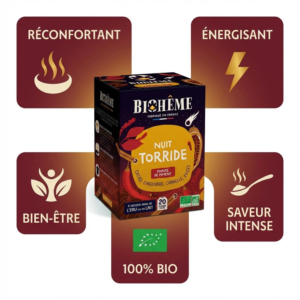 Infusion bio Nuit Torride Biohême 20 infusettes avec bénéfices réconfortant énergisant bien-être saveur intense 100% bio