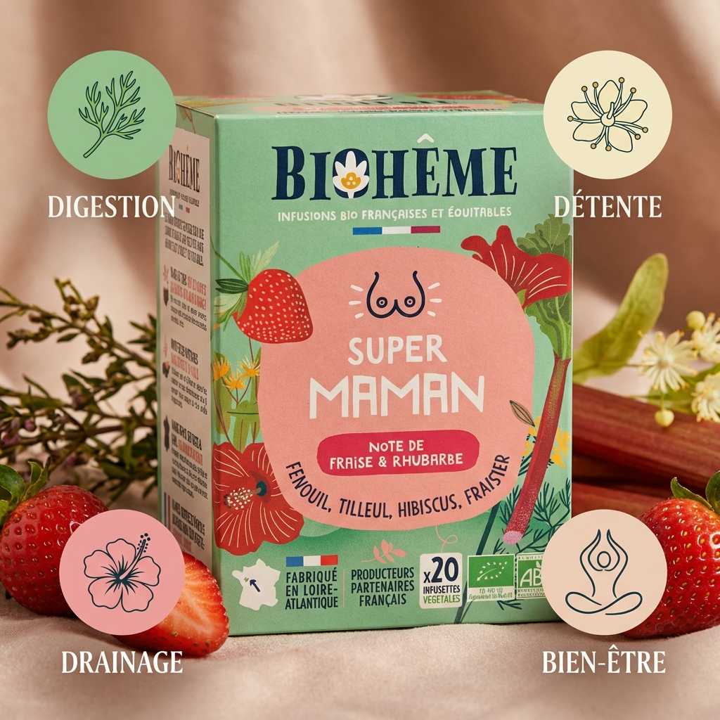 Infusion bio Super Maman Biohême 20 infusettes avec bénéfices digestion, détente, drainage et bien-être