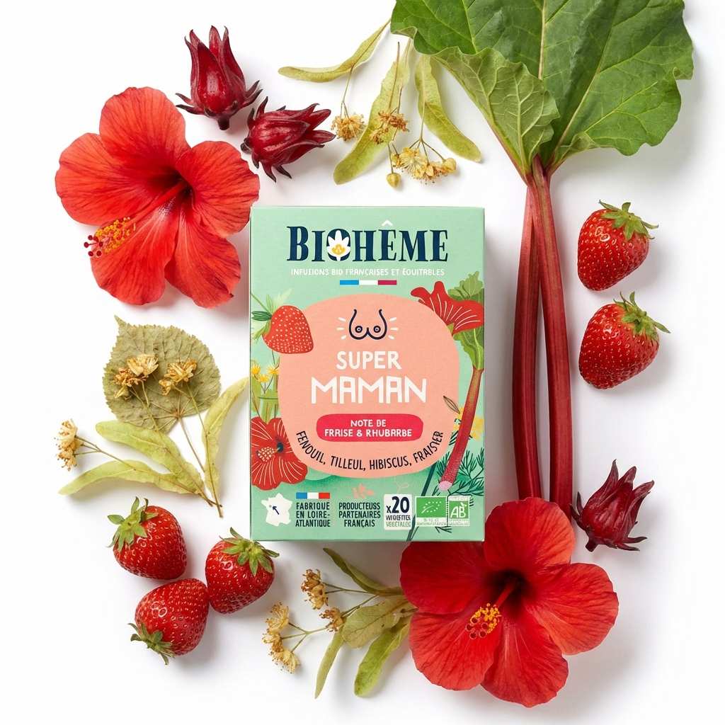 Infusion bio Super Maman Biohême 20 infusettes avec ingrédients naturels fraise hibiscus rhubarbe tilleul