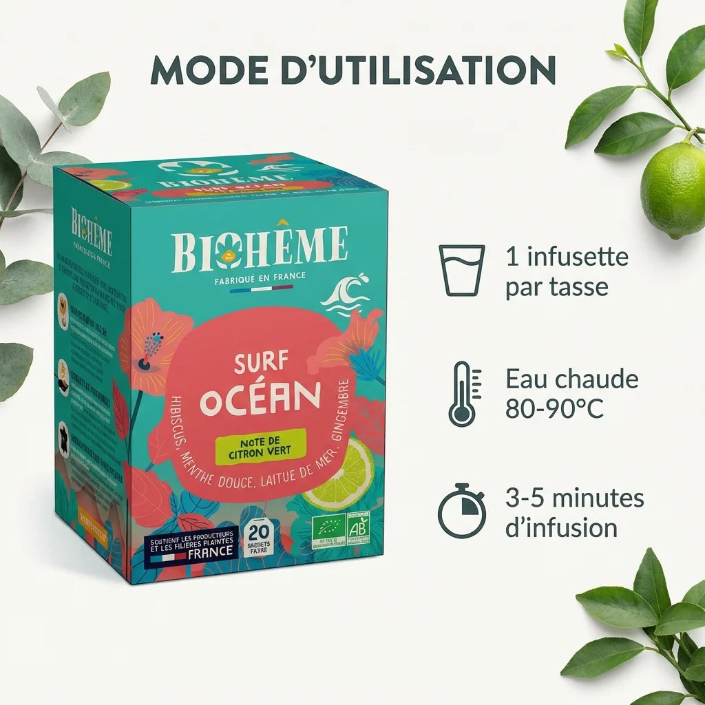 Infusion bio Surf Océan Biohême avec mode d'utilisation : 1 infusette, eau 80-90°C, 3-5 minutes