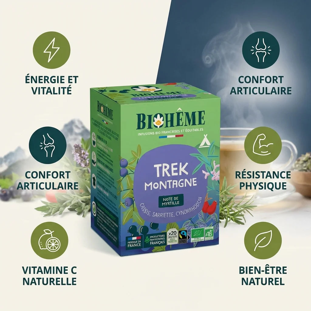 Boîte Infusion bio Trek Montagne Biohême 20 infusettes avec bénéfices santé énergy, vitalité et bien-être naturel